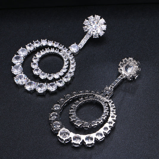 Earrings Large Copper Inlaid Transparent Zircon Round Curren