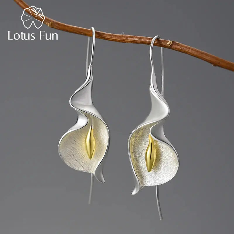 18K Gold Long Hanging New Calla Lily Flower Dangle Earrings