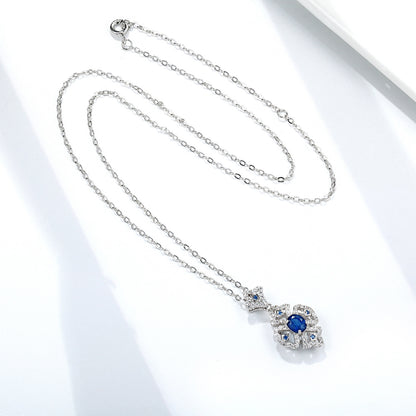 S925 Silver Retro Pattern Necklace Women's Versatile Natural Sapphire Pendant Curren