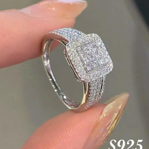 925 Sterling Silver Luxury Rhinestone Square Ring Curren