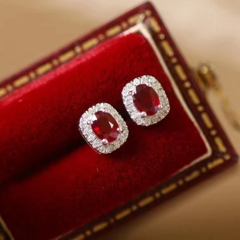 Real Gold Natural Ruby Diamond Stud Earrings Pigeon Blood Red Color Curren