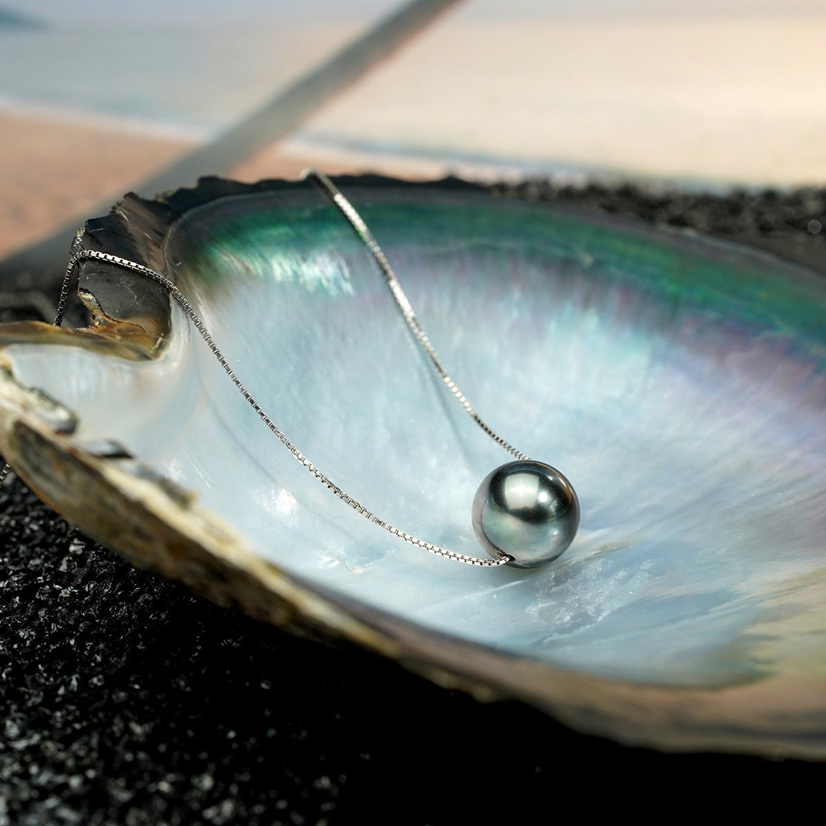 Natural Perfect Circle Strong Light Tahitian Black Pearl Pendant S925 Silver Necklace Curren