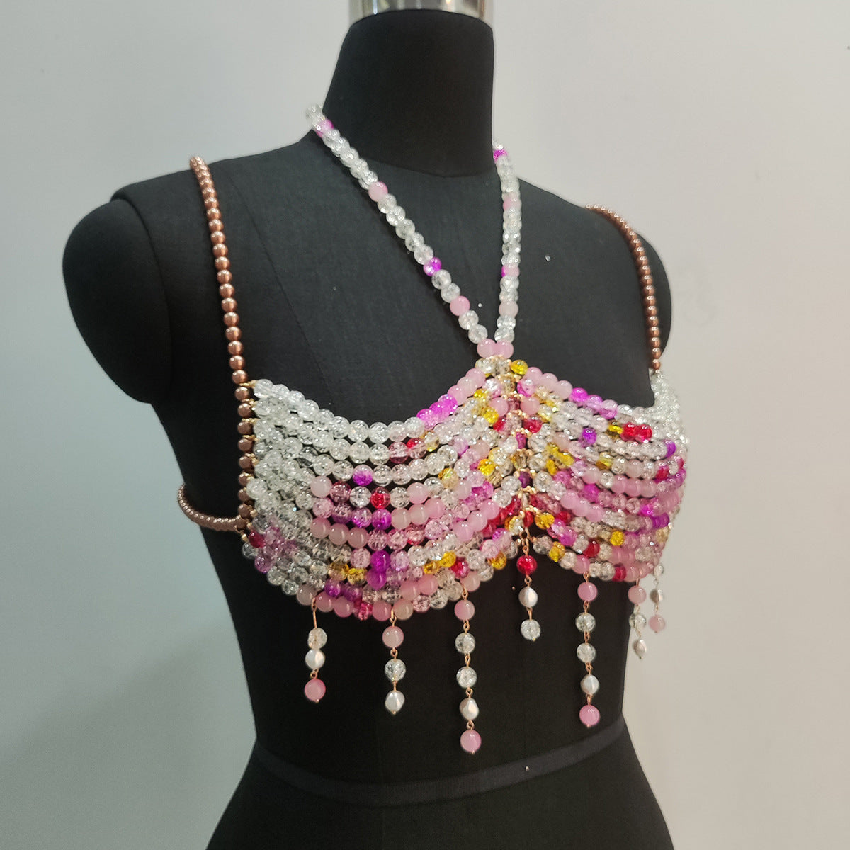 Gradient Color Glass Beaded Chest Necklace Heavy Industry Colorful Beads Body Chains Curren