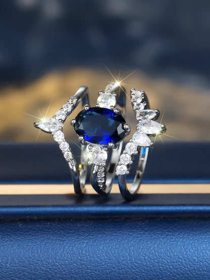 Platinum Egg-shaped Sapphire Blue Diamond Water Drop Shining Three-piece Unique Ring Curren