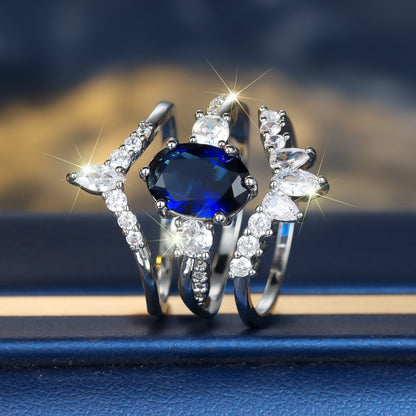 Platinum Egg-shaped Sapphire Blue Diamond Water Drop Shining Three-piece Unique Ring Curren