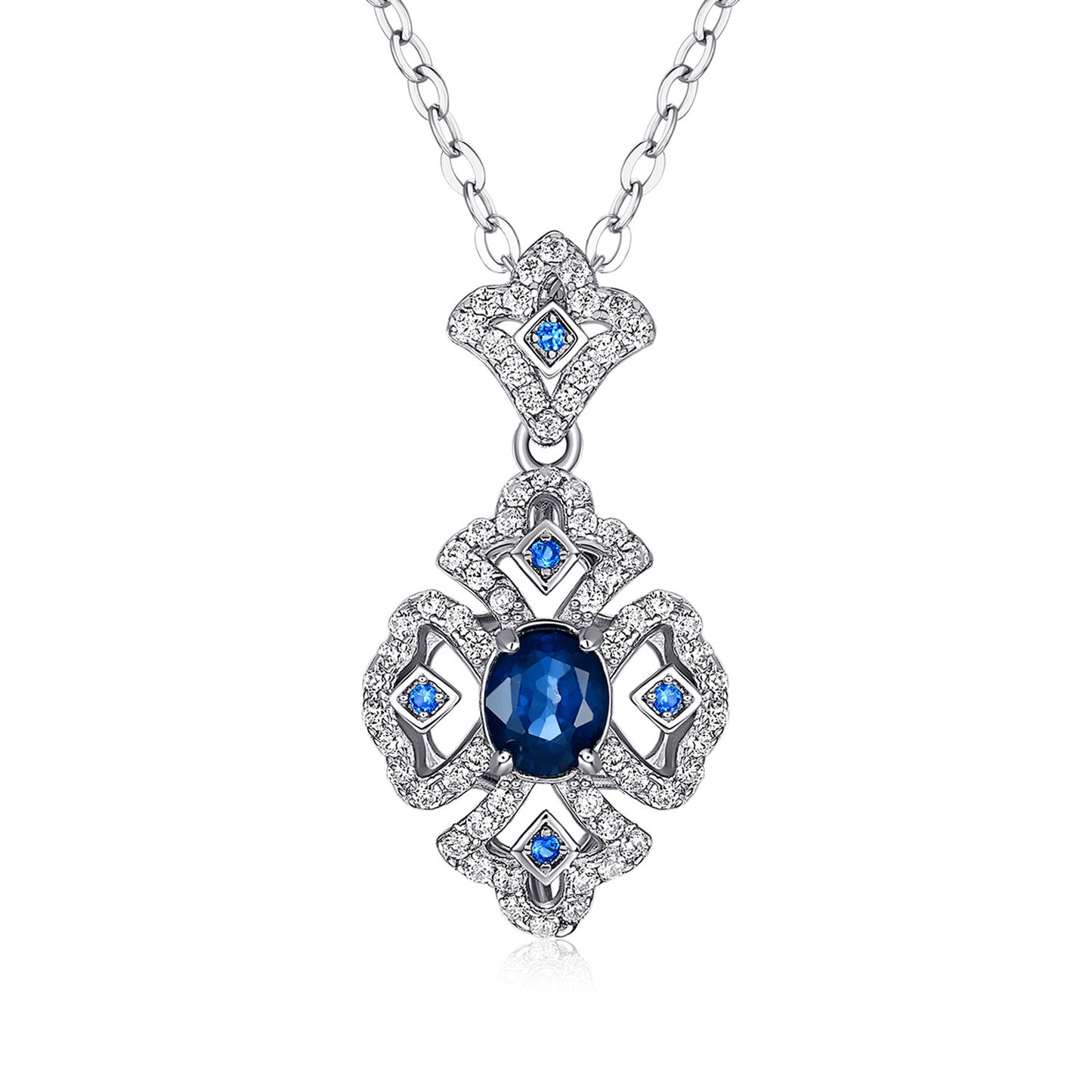 S925 Silver Retro Pattern Necklace Women's Versatile Natural Sapphire Pendant Curren