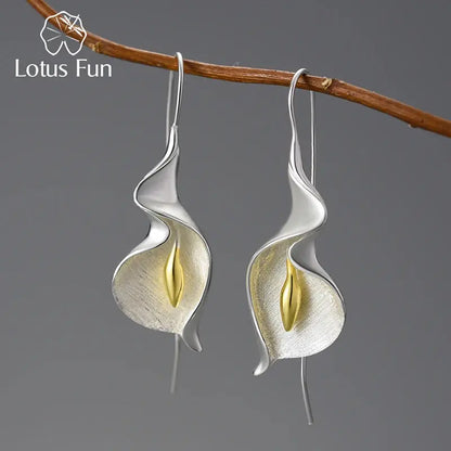 18K Gold Long Hanging New Calla Lily Flower Dangle Earrings