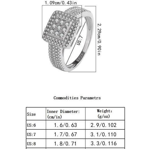 925 Sterling Silver Luxury Rhinestone Square Ring Curren