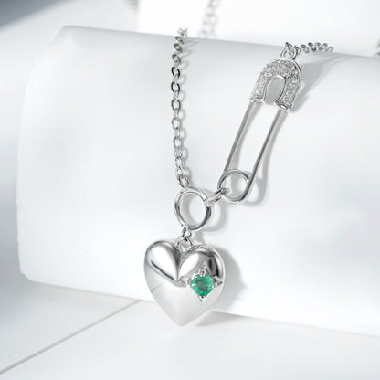 Cool Necklace Women's Fashion S925 Silver Emerald Heart Pendant Paper Clip Curren