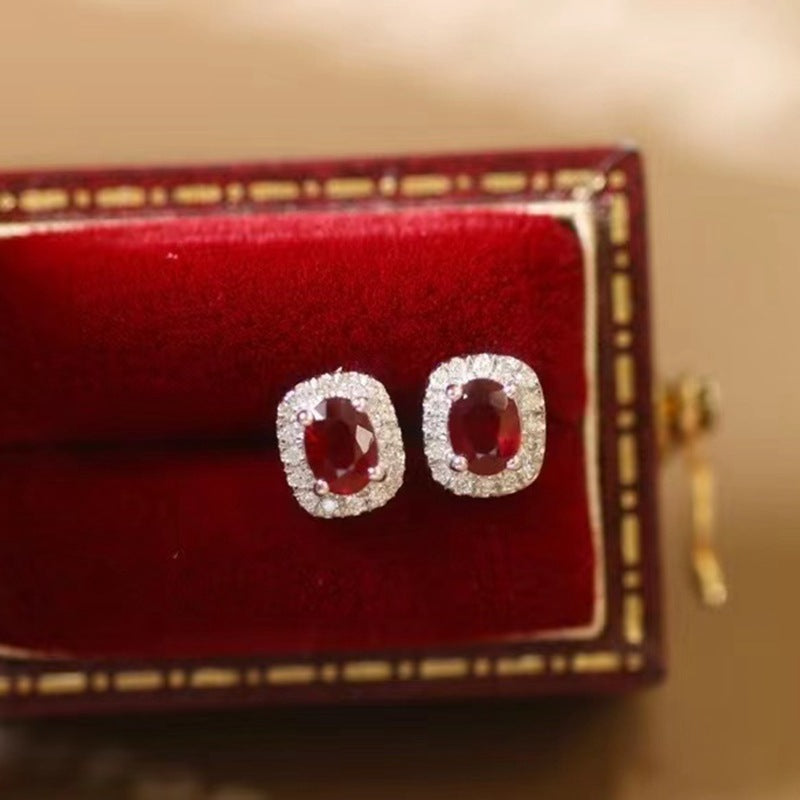 Real Gold Natural Ruby Diamond Stud Earrings Pigeon Blood Red Color Curren