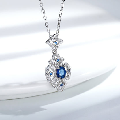 S925 Silver Retro Pattern Necklace Women's Versatile Natural Sapphire Pendant Curren
