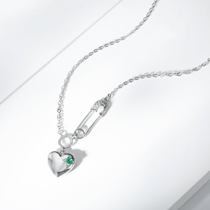 Cool Necklace Women's Fashion S925 Silver Emerald Heart Pendant Paper Clip Curren