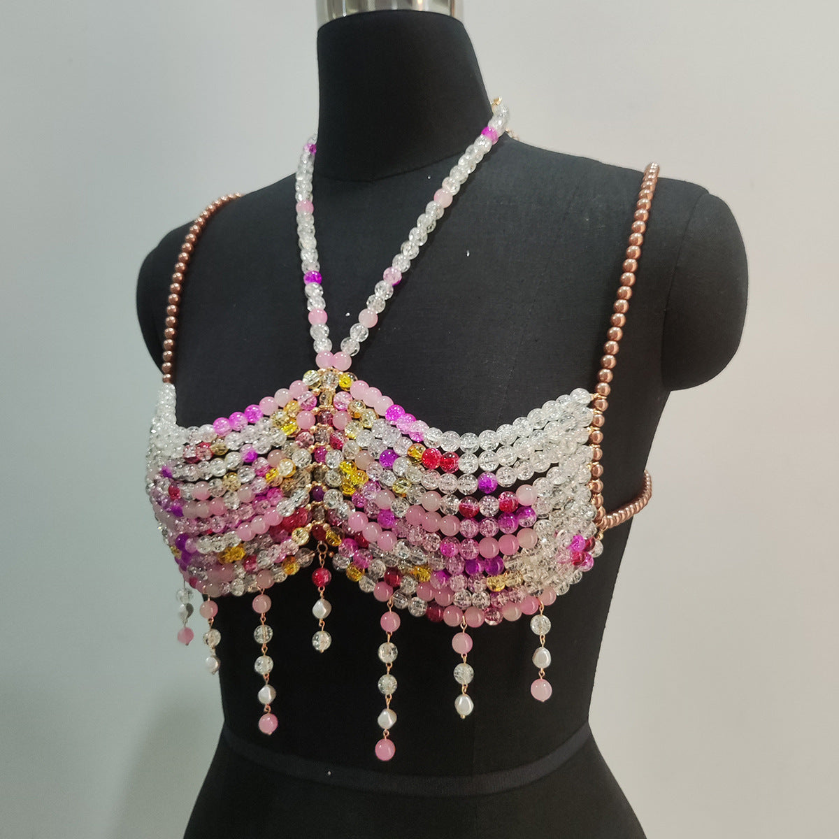 Gradient Color Glass Beaded Chest Necklace Heavy Industry Colorful Beads Body Chains Curren