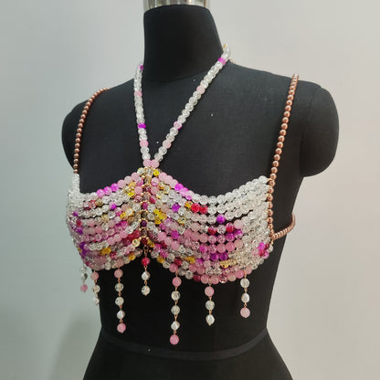 Gradient Color Glass Beaded Chest Necklace Heavy Industry Colorful Beads Body Chains Curren