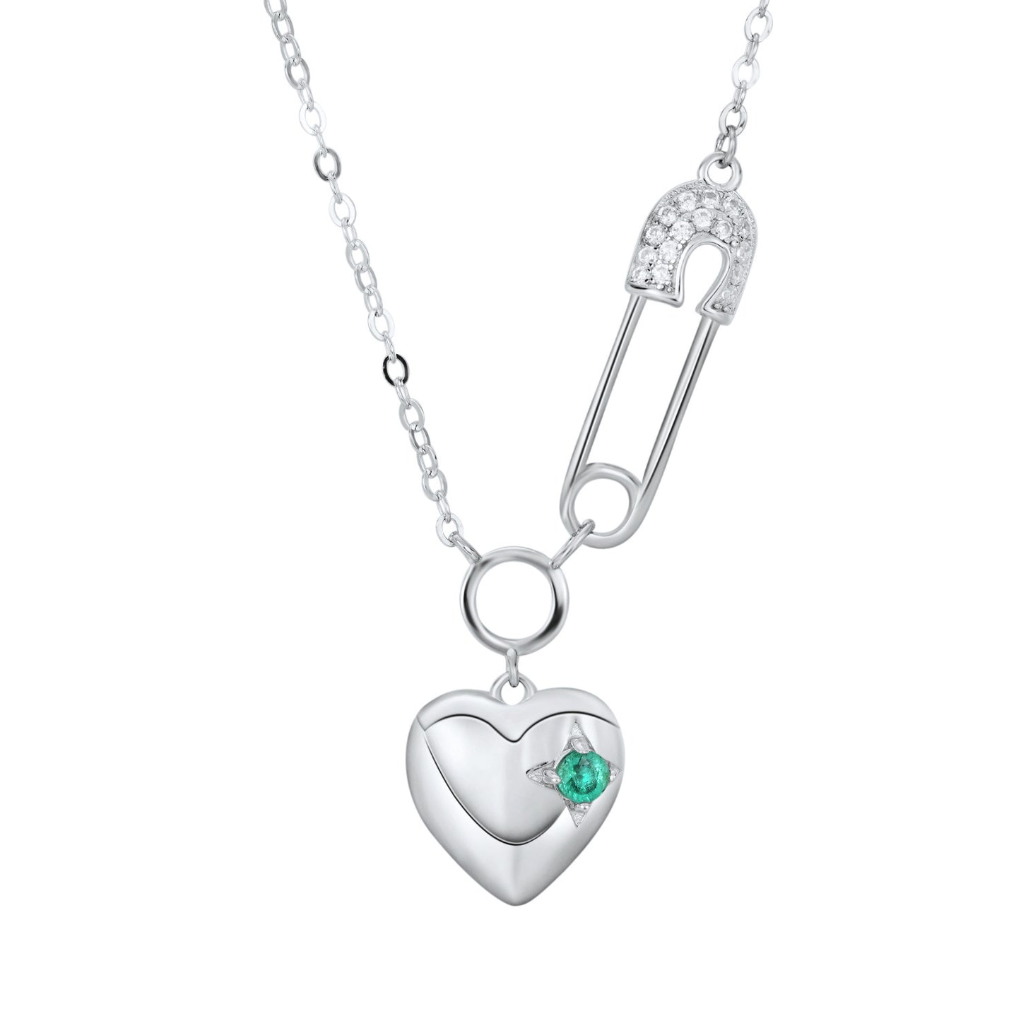 Cool Necklace Women's Fashion S925 Silver Emerald Heart Pendant Paper Clip Curren
